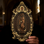 Religious gift with rich details of the wooden statue of Our Lady of Guadalupe - product view