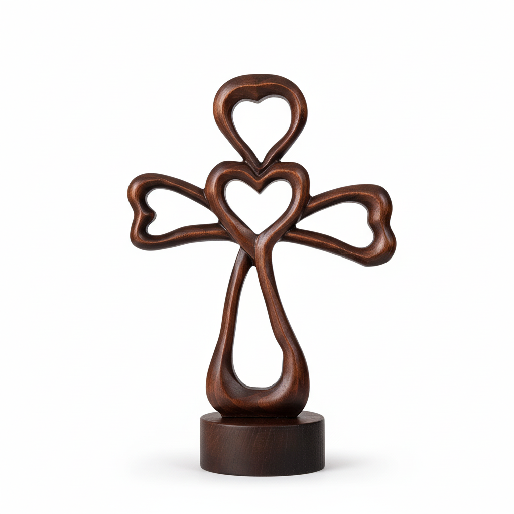 Love Cross Wooden Carving - Studio Closeup