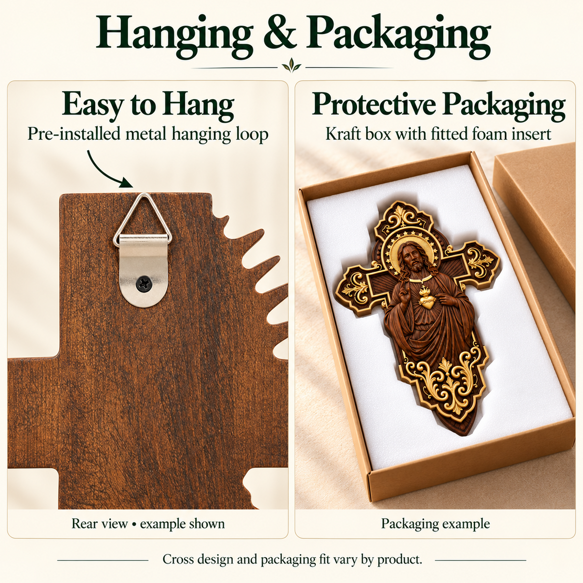 Mounting and protective packaging example: metal hanger, kraft box and fitted foam. Product design, box size and foam fit vary by item.