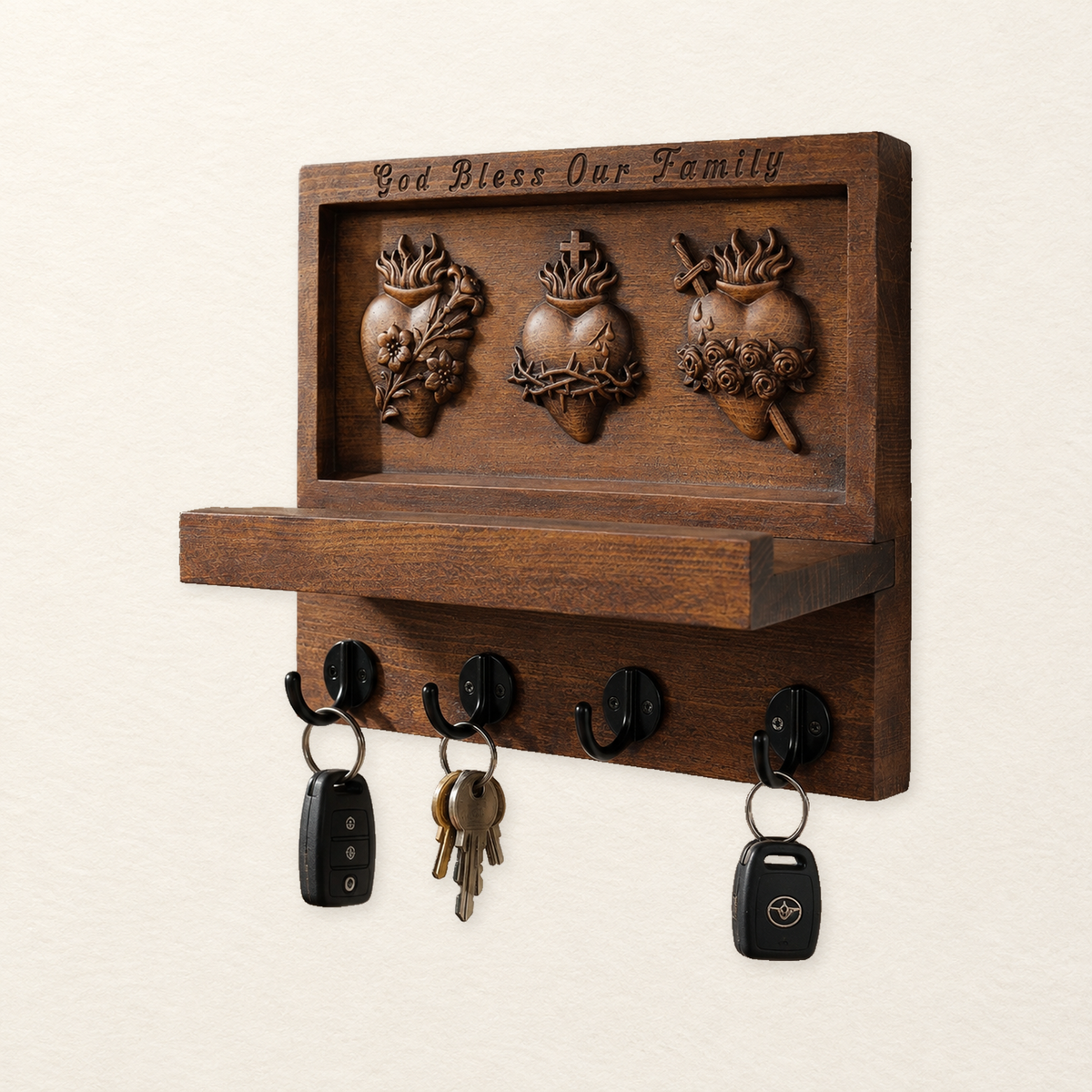 Hand-Carved Sacred Hearts Wooden Key Holder – God Bless Our Family Wall Organizer