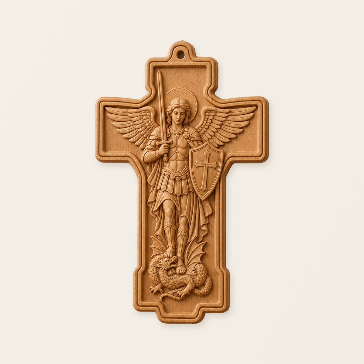 St. Michael Wooden Wall Cross – Beech Wood Relief Carving Christian Wall Plaque