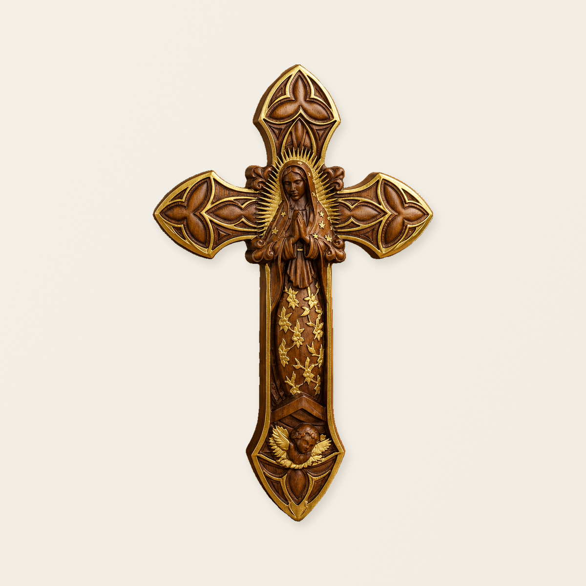 Hand-Carved Beechwood Our Lady of Guadalupe Wall Cross – Catholic Christian Home Décor
