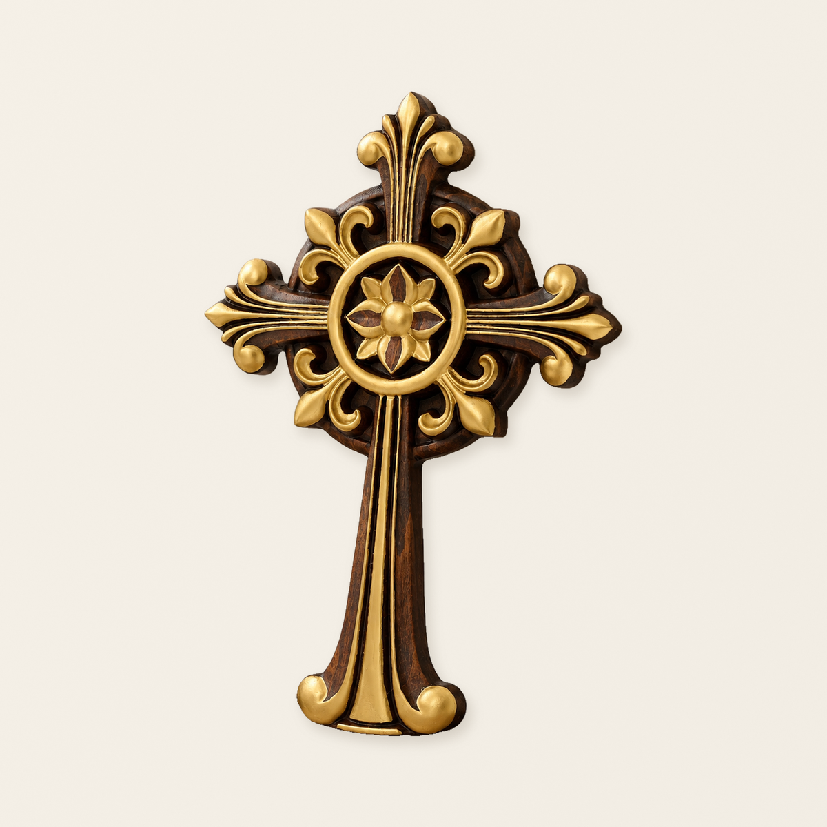 Hand-Carved Beechwood Ornate Cross – Gold Accented Christian Wall Cross
