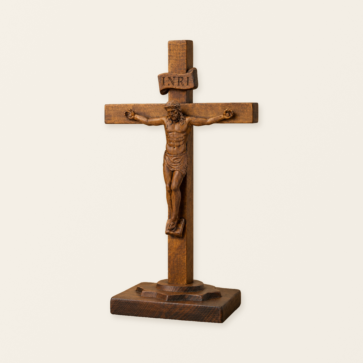 Hand-Carved Beechwood Crucifixion of Jesus Standing Cross – Christian Prayer & Home Altar Decor