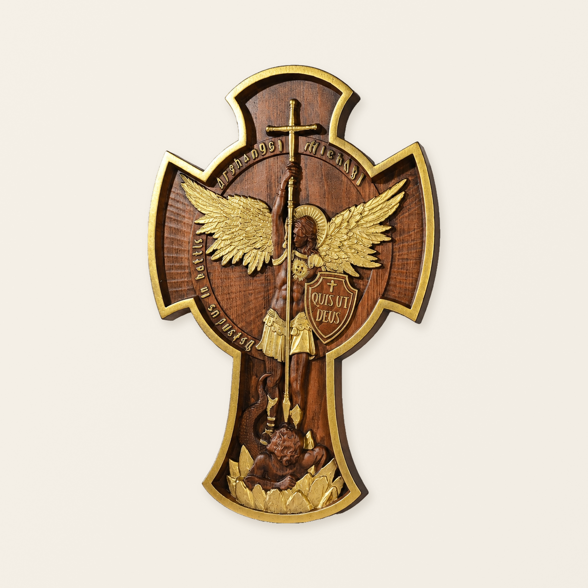 Hand-Carved Beechwood Archangel Michael Wall Cross – Quis Ut Deus Christian Home Decor