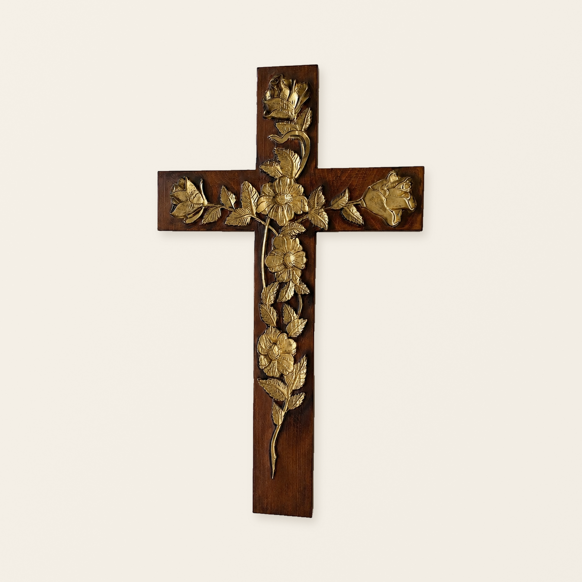 Hand-Carved Rose Cross Wall Art ✝️🌹 | Solid Beechwood Christian Decor with Golden Flowers