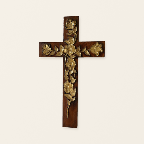Hand-Carved Rose Cross Wall Art ✝️🌹 | Solid Beechwood Christian Decor with Golden Flowers