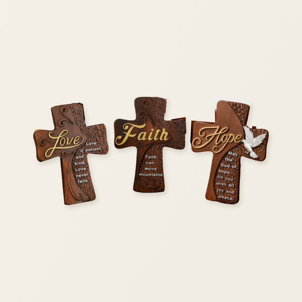 Ornate "Love" "Faith" "Hope" Wooden Cross, Solid Wood Cross