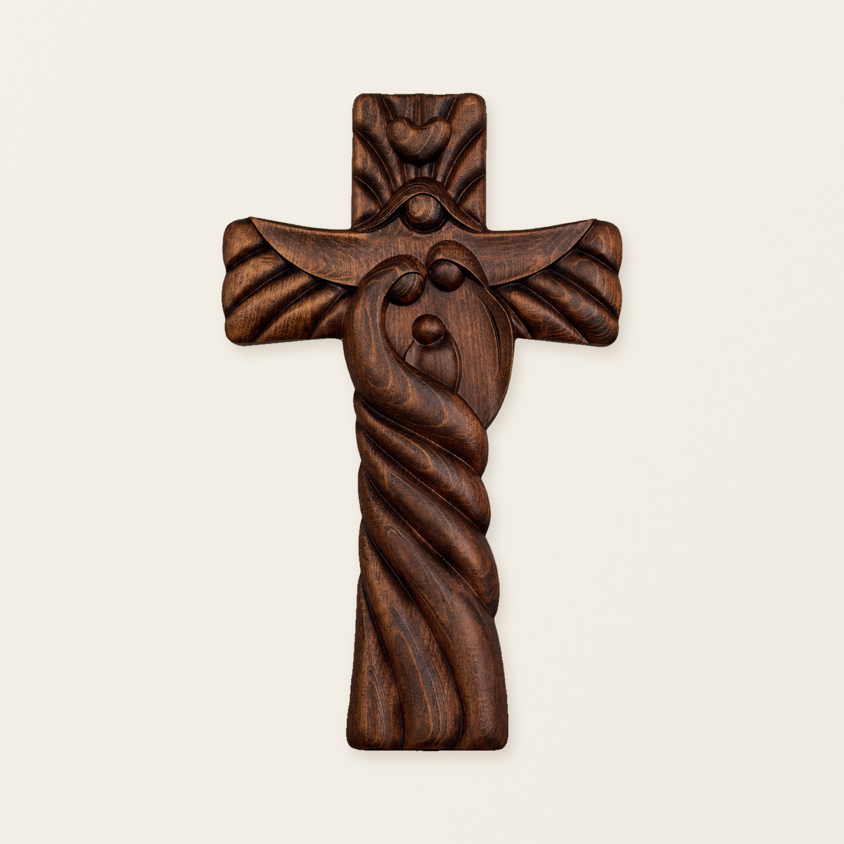 Holy Family wood icon decoration, Joseph, Mary, Baby Jesus, carved wooden cross, wall decoration