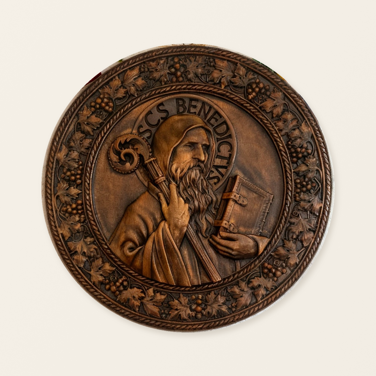 Saint Benedict religious icon, natural wood carved wall decoration