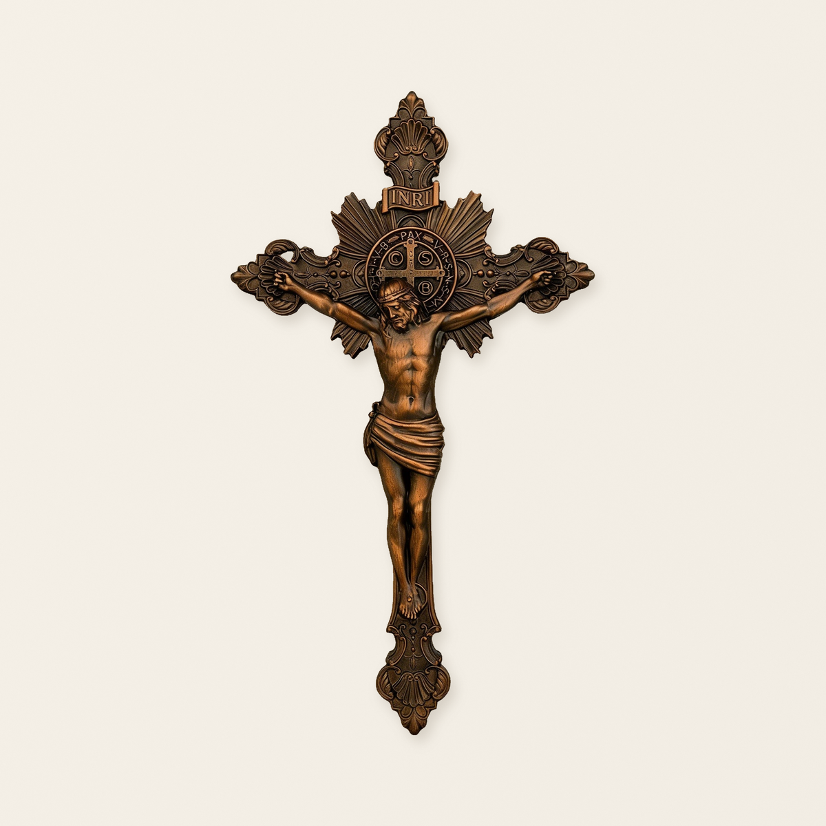 Wood Carving of Jesus Cross with St. Benedict's Exorcism