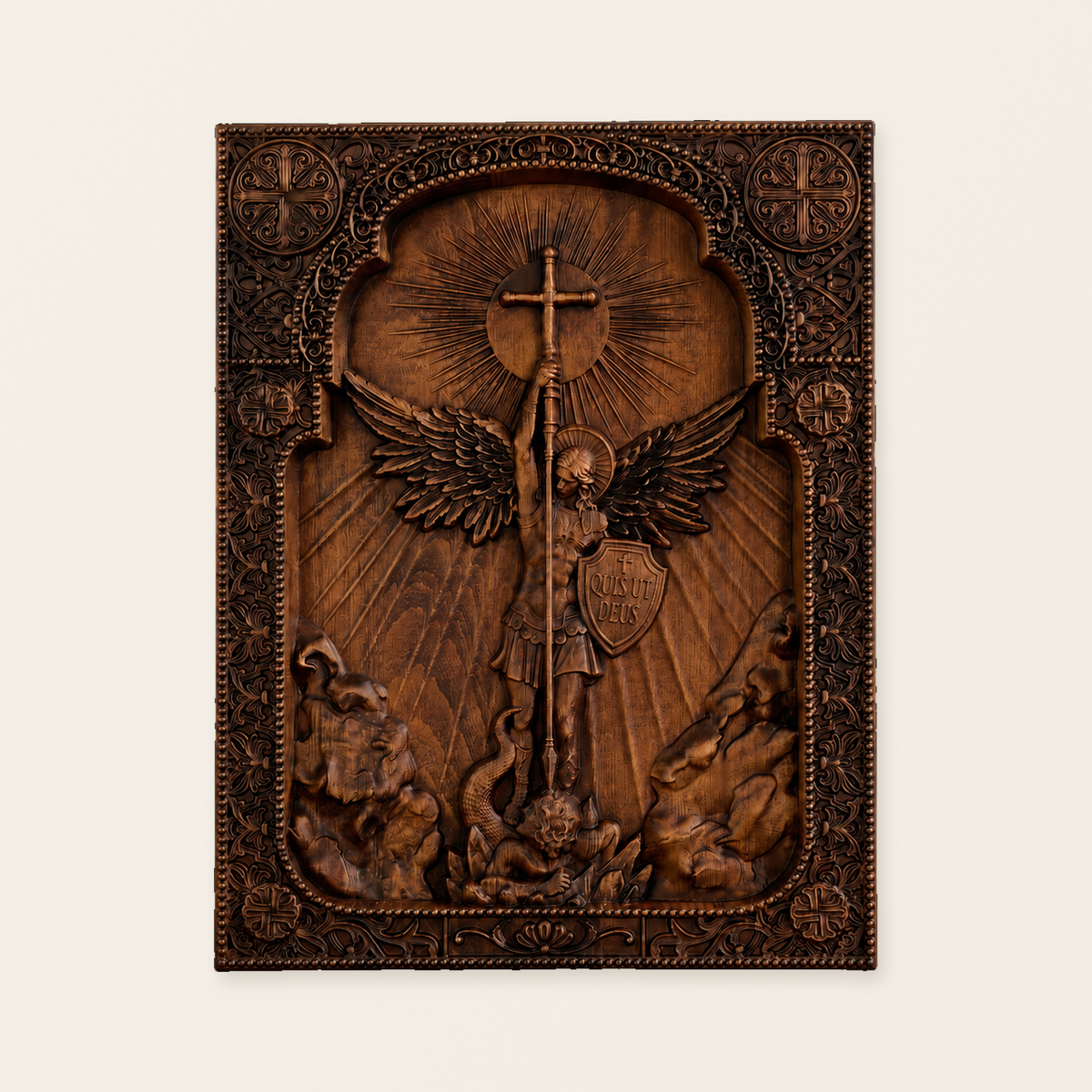 Archangel Michael Square Wooden Icon Religious Gifts - Best Wood Carving Wall Decor