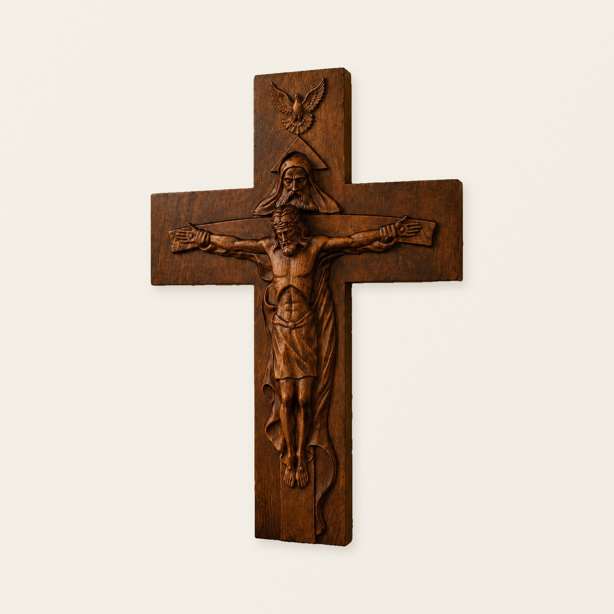 Hand-Carved Beechwood Holy Trinity Crucifix Wall Cross – Christian Home Prayer Decor