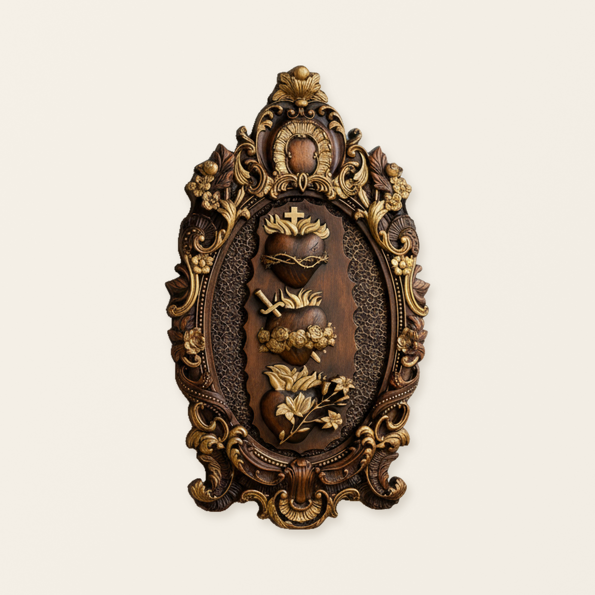 Three Sacred Hearts of the Holy Family | Solid Wood Carving Gift