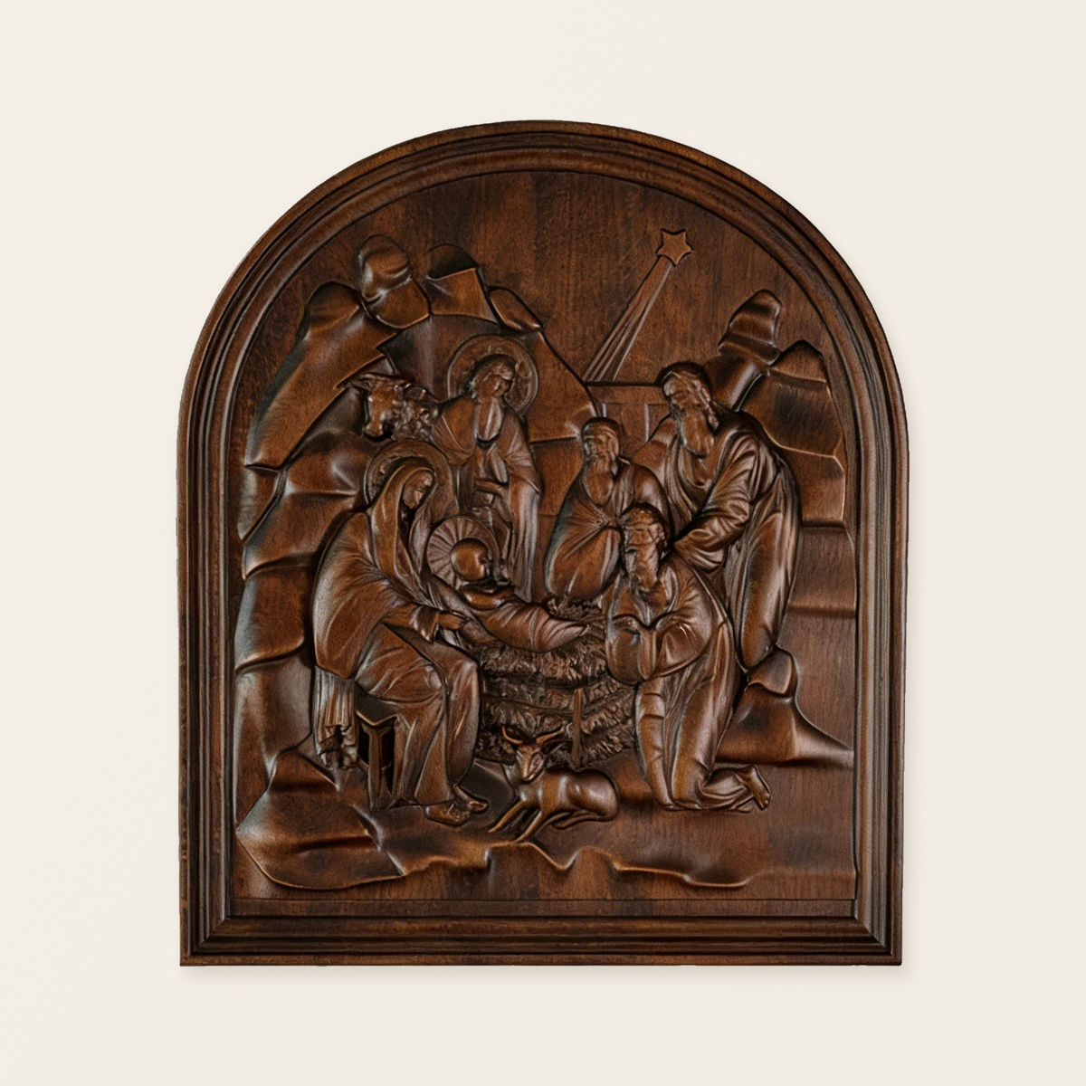 Natural Beech Nativity Scene Wood Carving Plaque: The Heart of Christmas in Handcrafted Wood