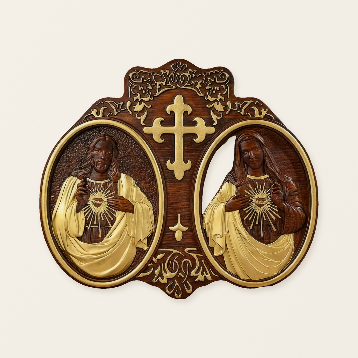 Sacred Hearts of Jesus & Mary Beechwood Plaque – Hand-Carved Devotional Art for Home Prayer