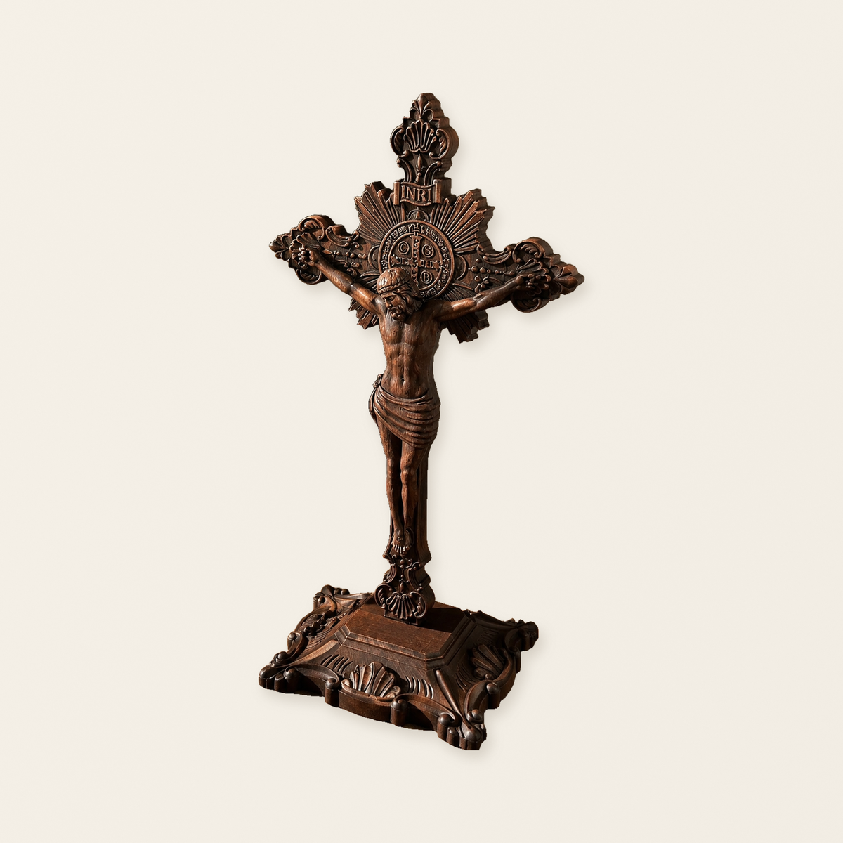 Wood carving of the Cross of the Order of Saint Benedict - with base