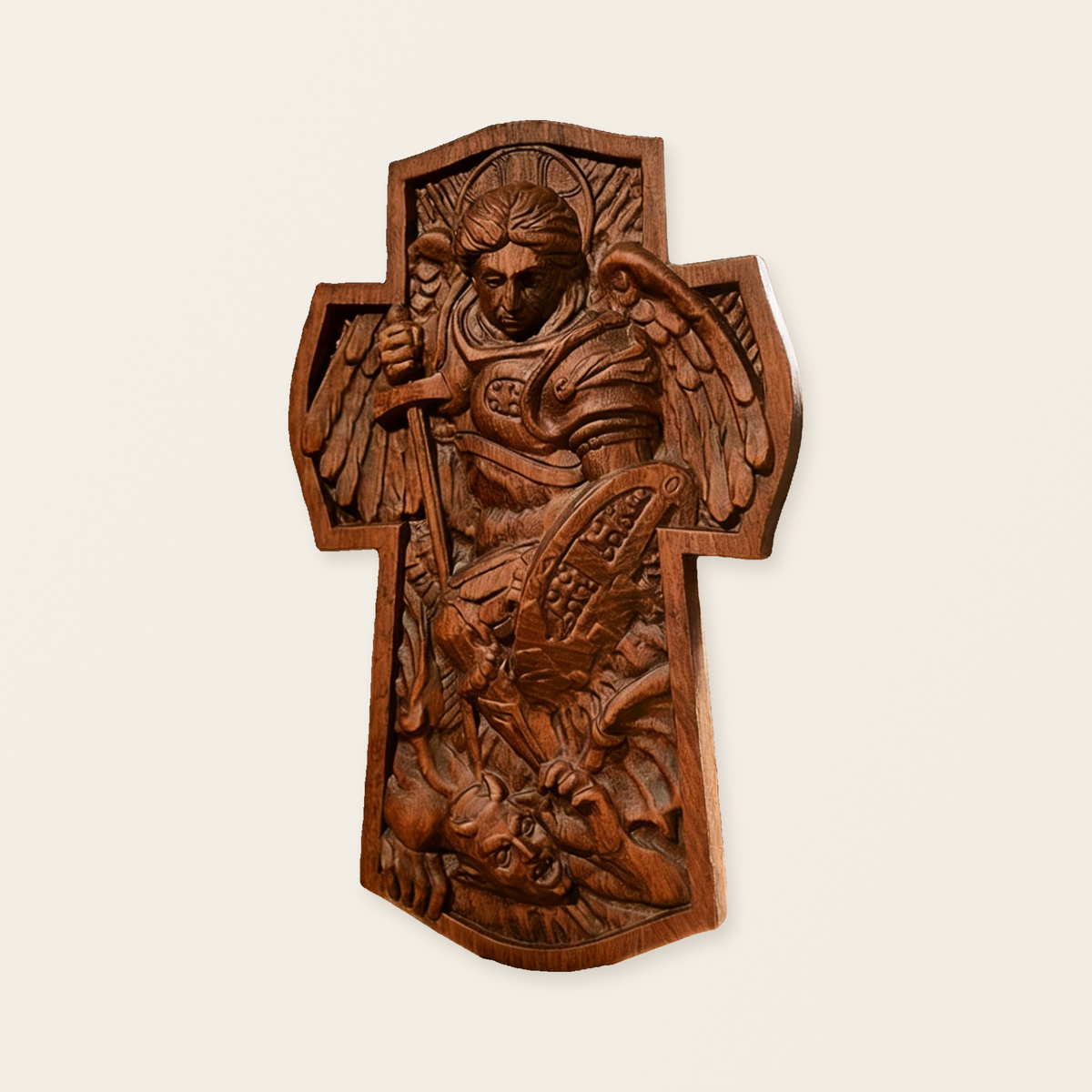 Archangel Michael Hand-Carved Ashwood Cross Plaque