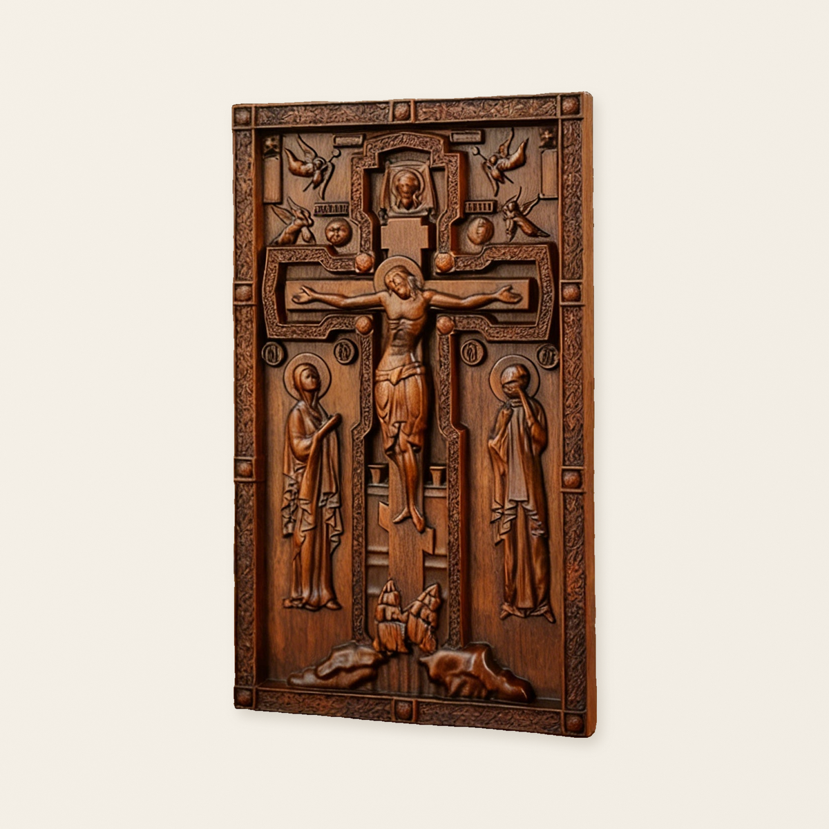 Hand-Carved Crucifix Wood Plaque: A Sacred Tribute to Redemption