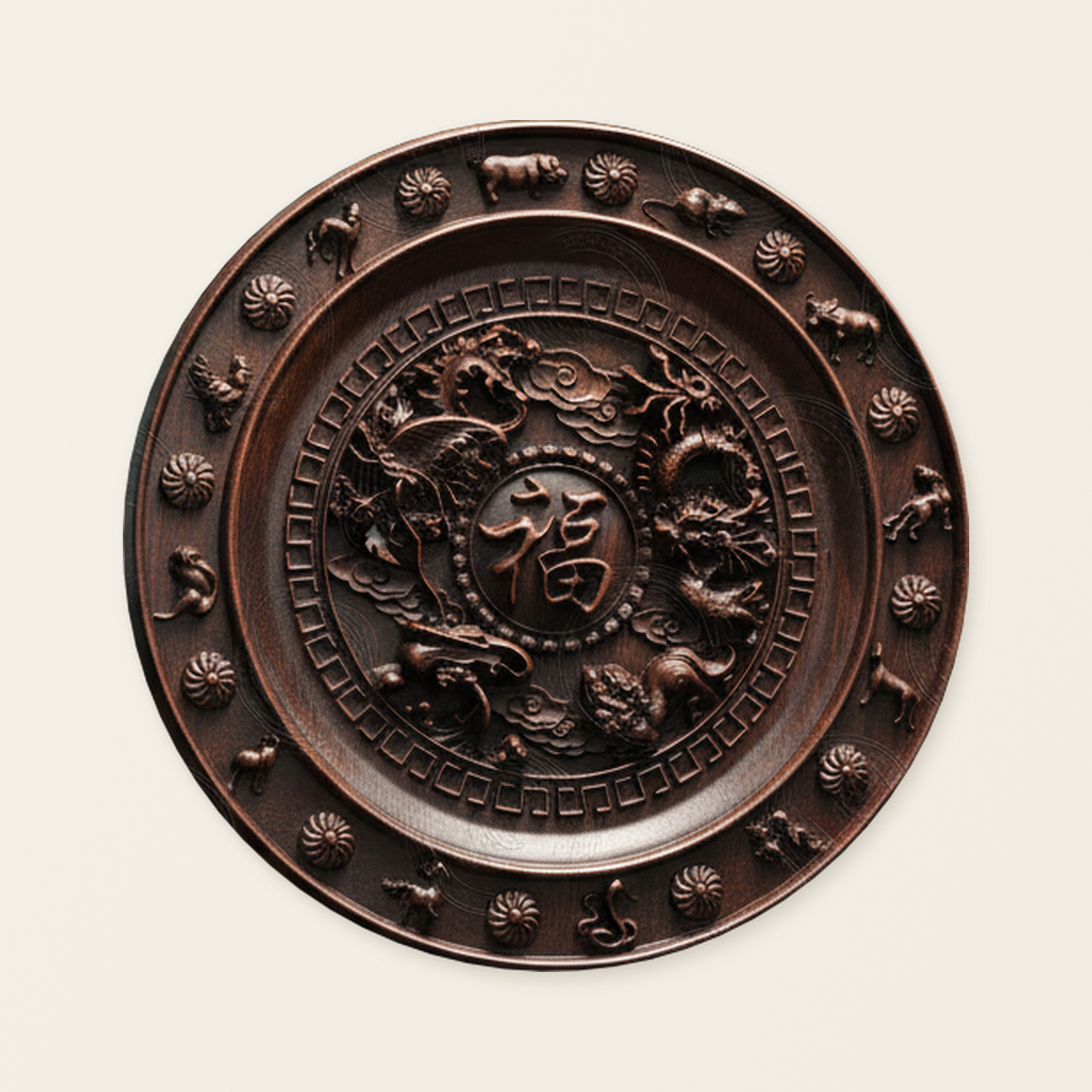Chinese Zodiac “Fu” Disc Wooden Decoration Wall Hanging