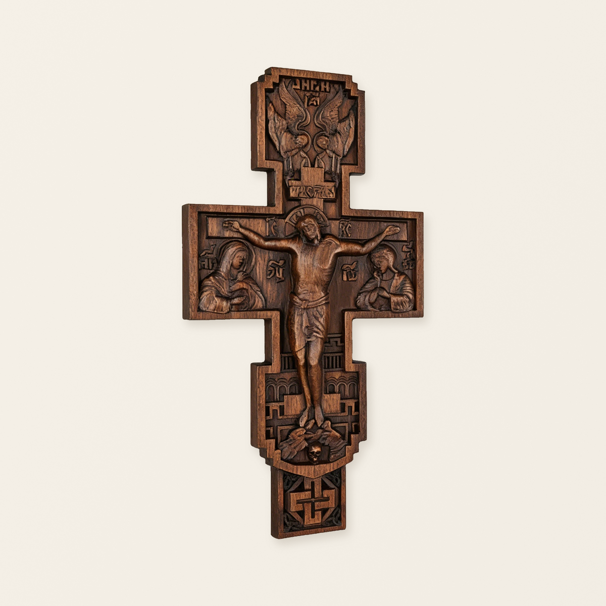 Eastern Orthodox Crucifixion Cross Wall Decor - Faith & Redemption Theme Wooden Carved Wall Hanging