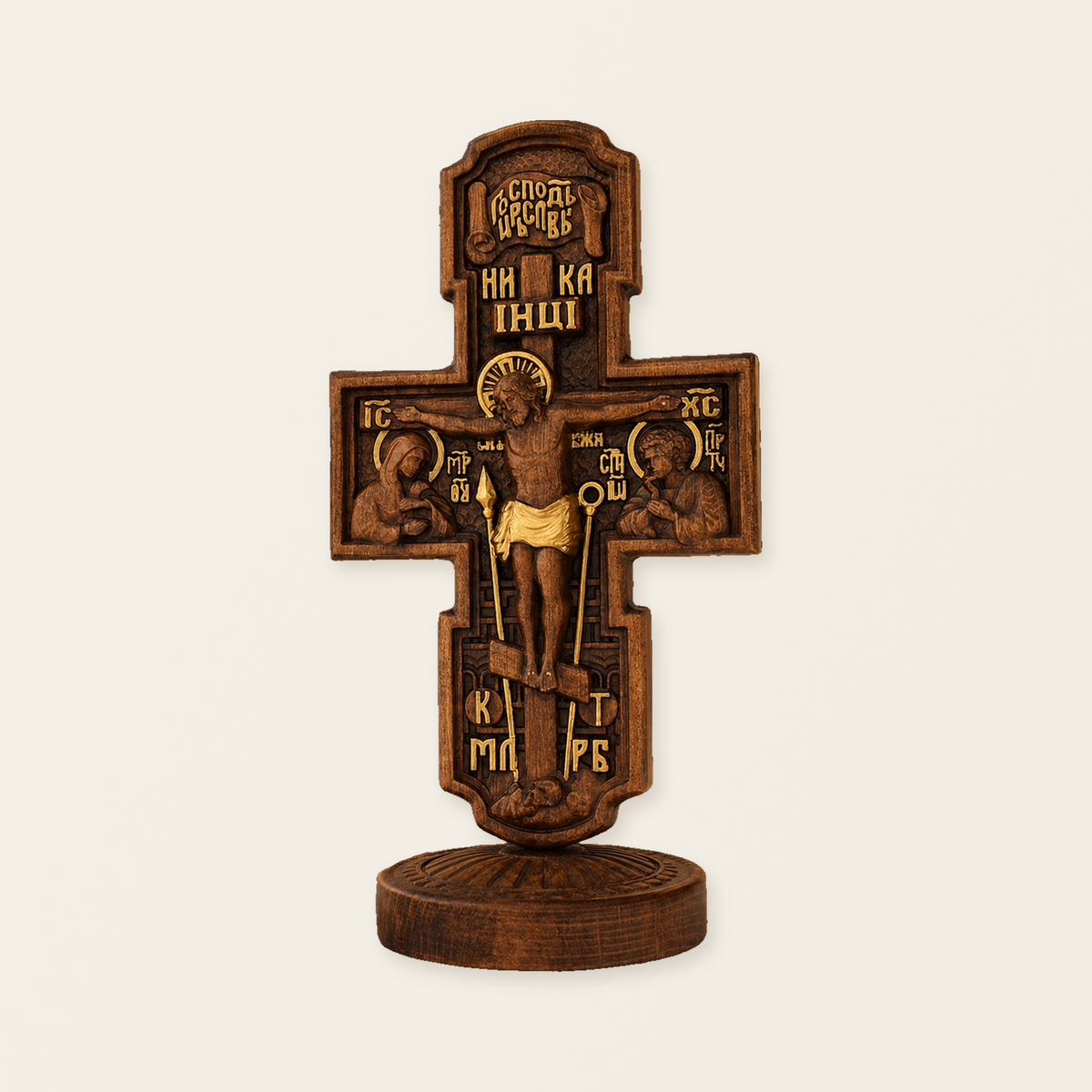 Double-Sided Icon Wood Carving ✝️ | Hand-Carved Crucifix & Saints Beechwood Wall Art