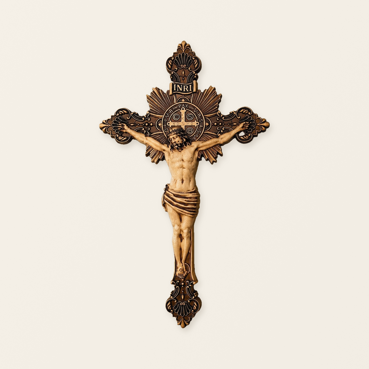 Hand-Carved Solid Maple Wood St. Benedict Crucifix – Christian Wall Cross