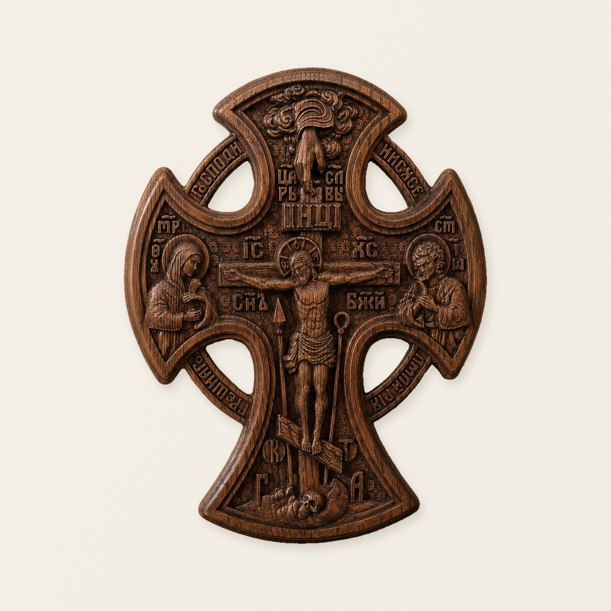 Hand-Carved Beechwood “Hand of Redemption” Crucifix | The Passion and Divine Grace of Christ