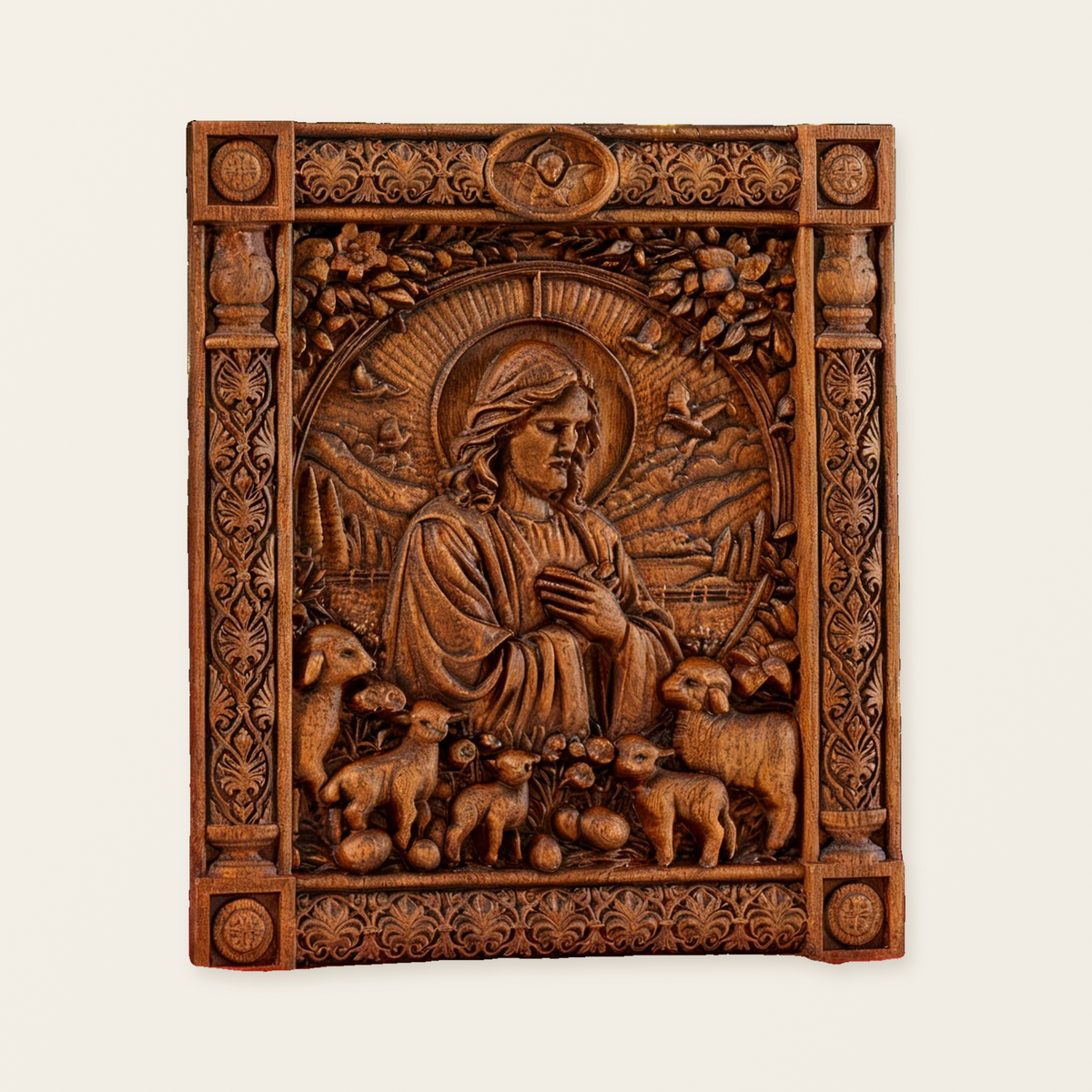 The Good Shepherd Beechwood Icon – Hand-Carved Christian Home Decor | Christ the Shepherd Wall Art