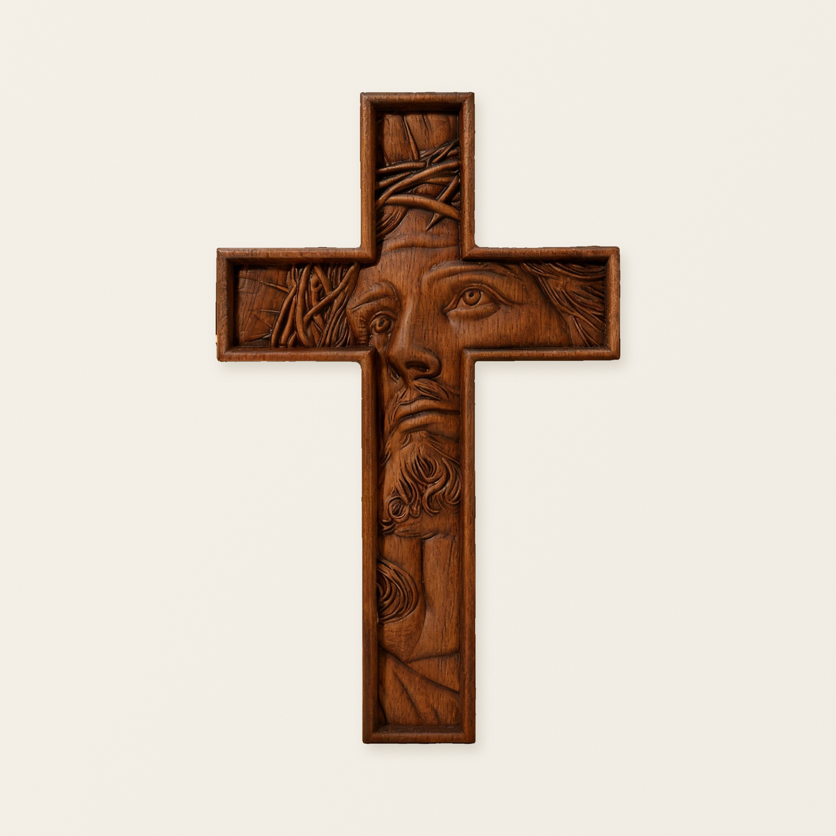 "Jesus with the Crown of Thorns" Beechwood Cross Wall Hanging