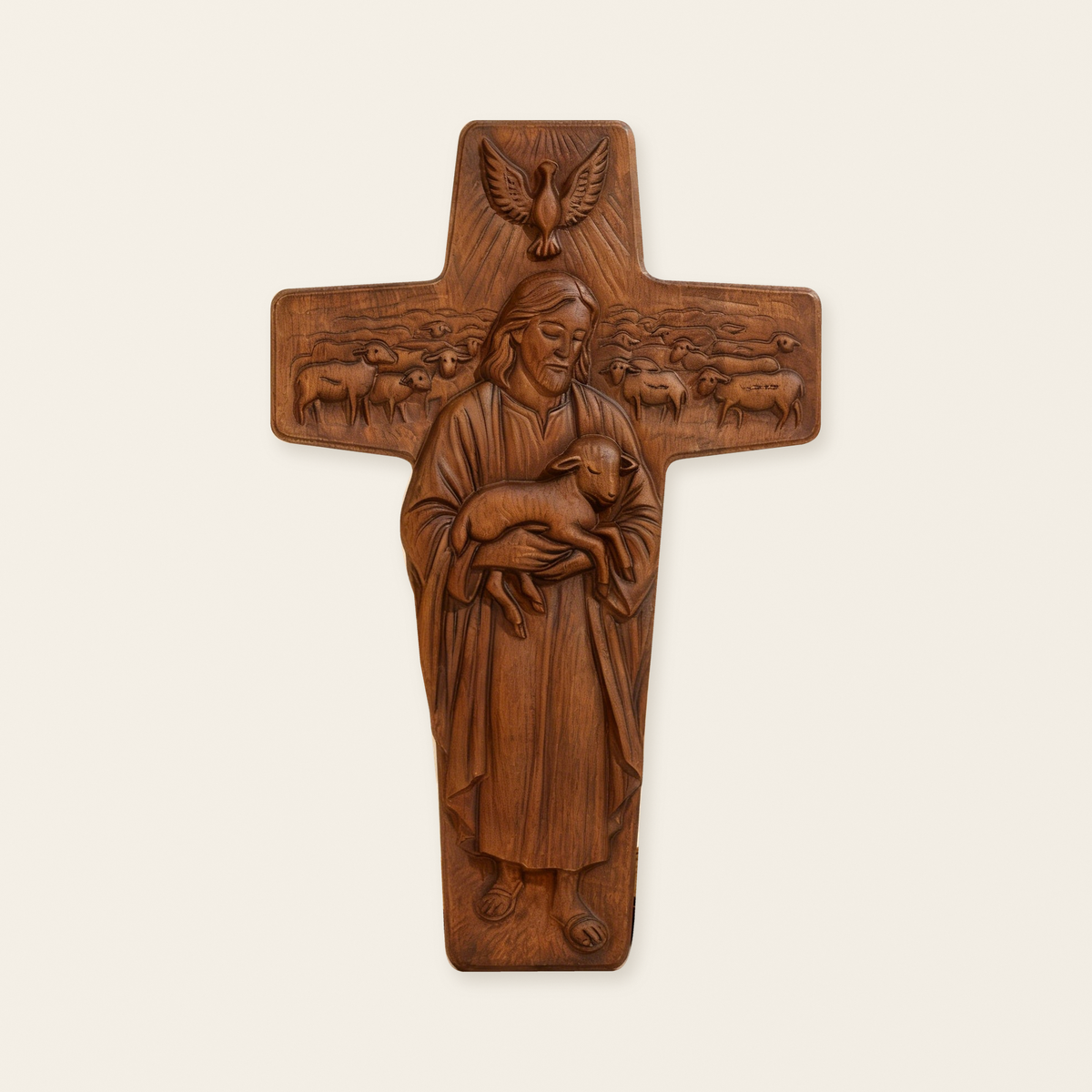 Beechwood Good Shepherd Cross Hand-Carved Shepherd Icon | Finding Rest in His Loving Arms