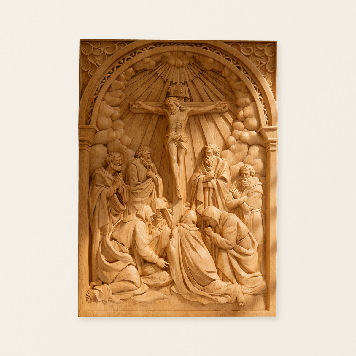 Handcarved Beechwood Crucifix Relief — Let His Sacrifice Settle Into Your Days