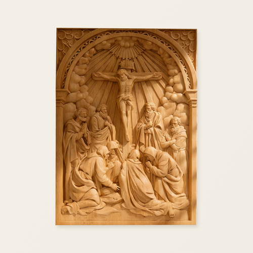 Handcarved Beechwood Crucifix Relief — Let His Sacrifice Settle Into Your Days