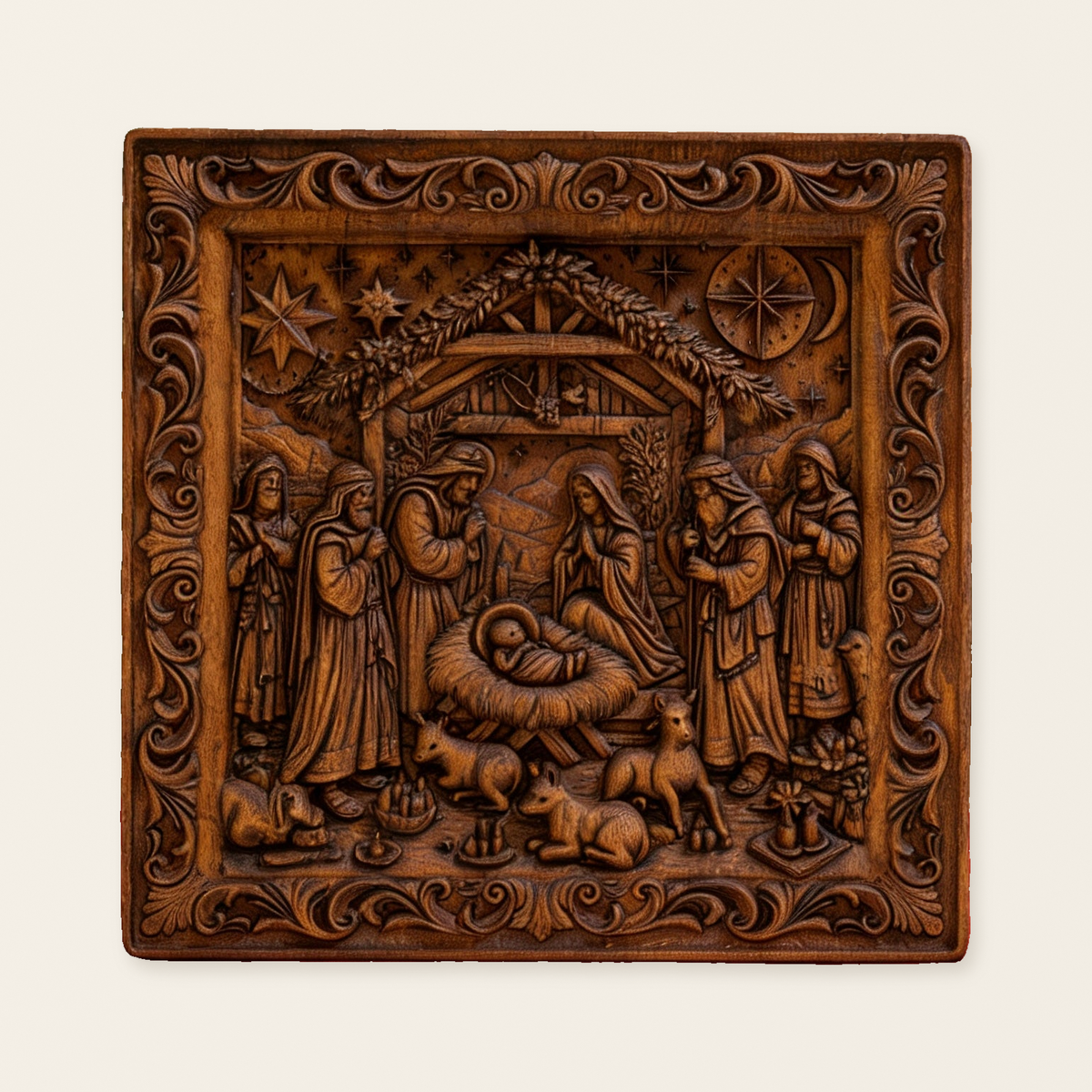 Handcarved Beechwood Nativity Scene Relief: Let Christmas’ Quiet Truth Settle in Your Home