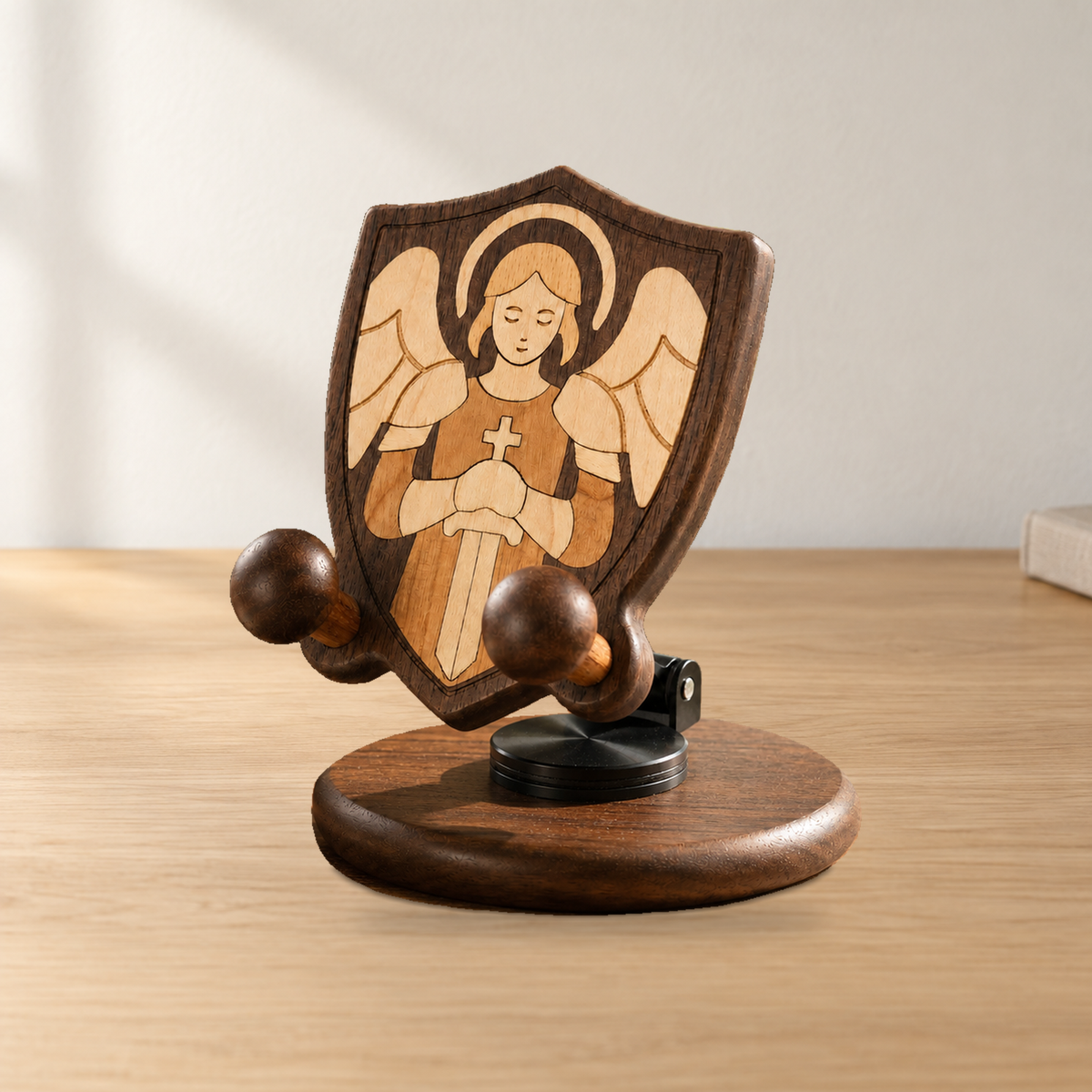 Saint Michael Wooden Phone Stand – Handmade Wooden Faith Gift