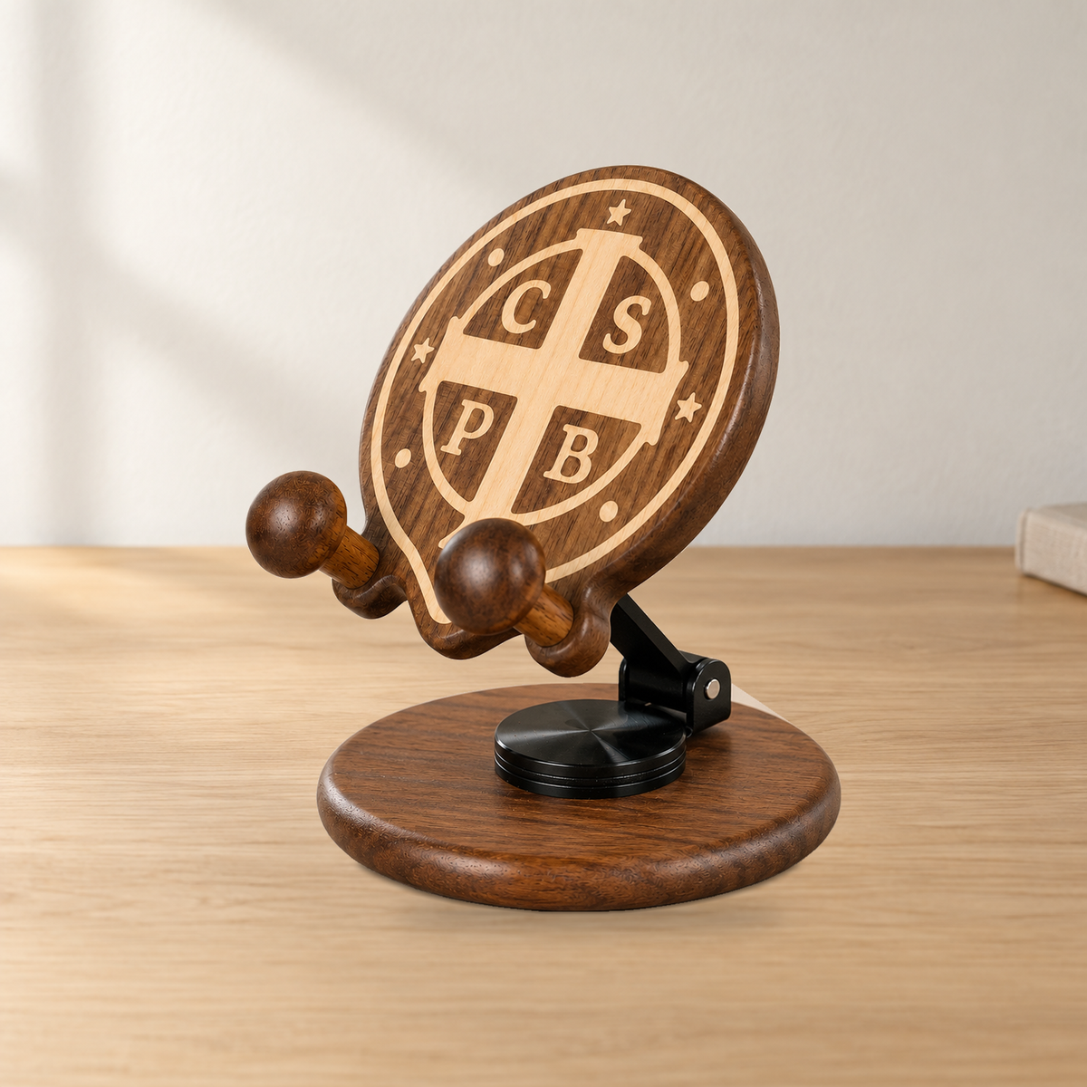 Black Walnut St. Benedict Cross Phone Stand—Foldable and Adjustable Christian Desktop Stand
