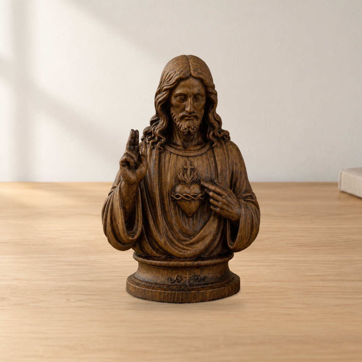 Hand-Carved Cypress Wood Sacred Heart of Jesus Statue – Christian Prayer & Home Devotional Decor