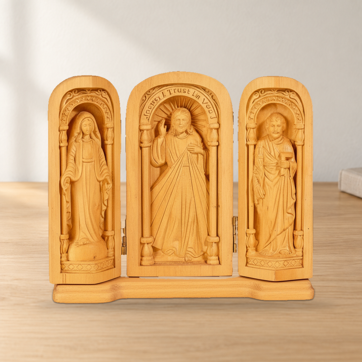 Hand-Carved Travel Triptych Altar: The Holy Family at Your Side