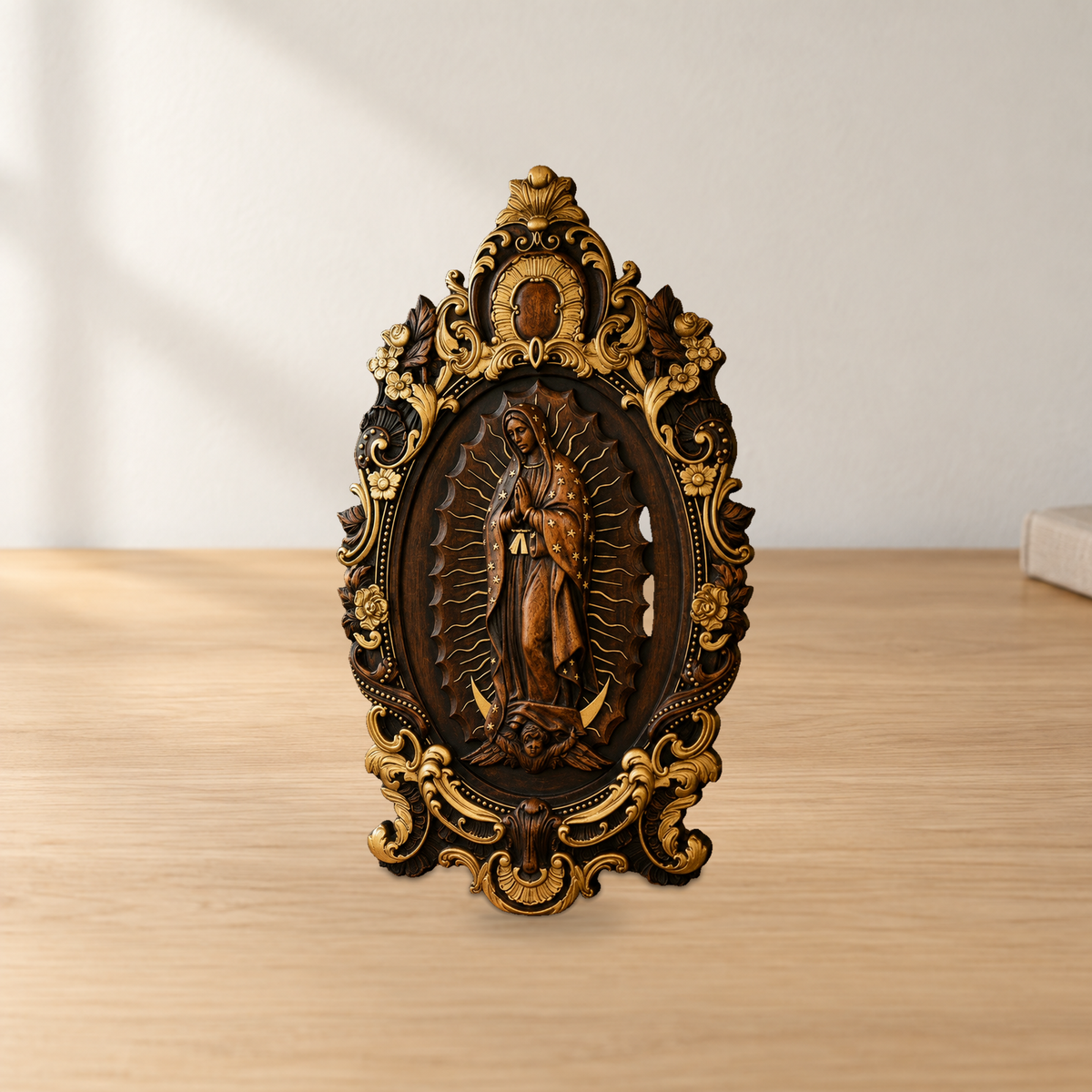 Religious gift with rich details of the wooden statue of Our Lady of Guadalupe