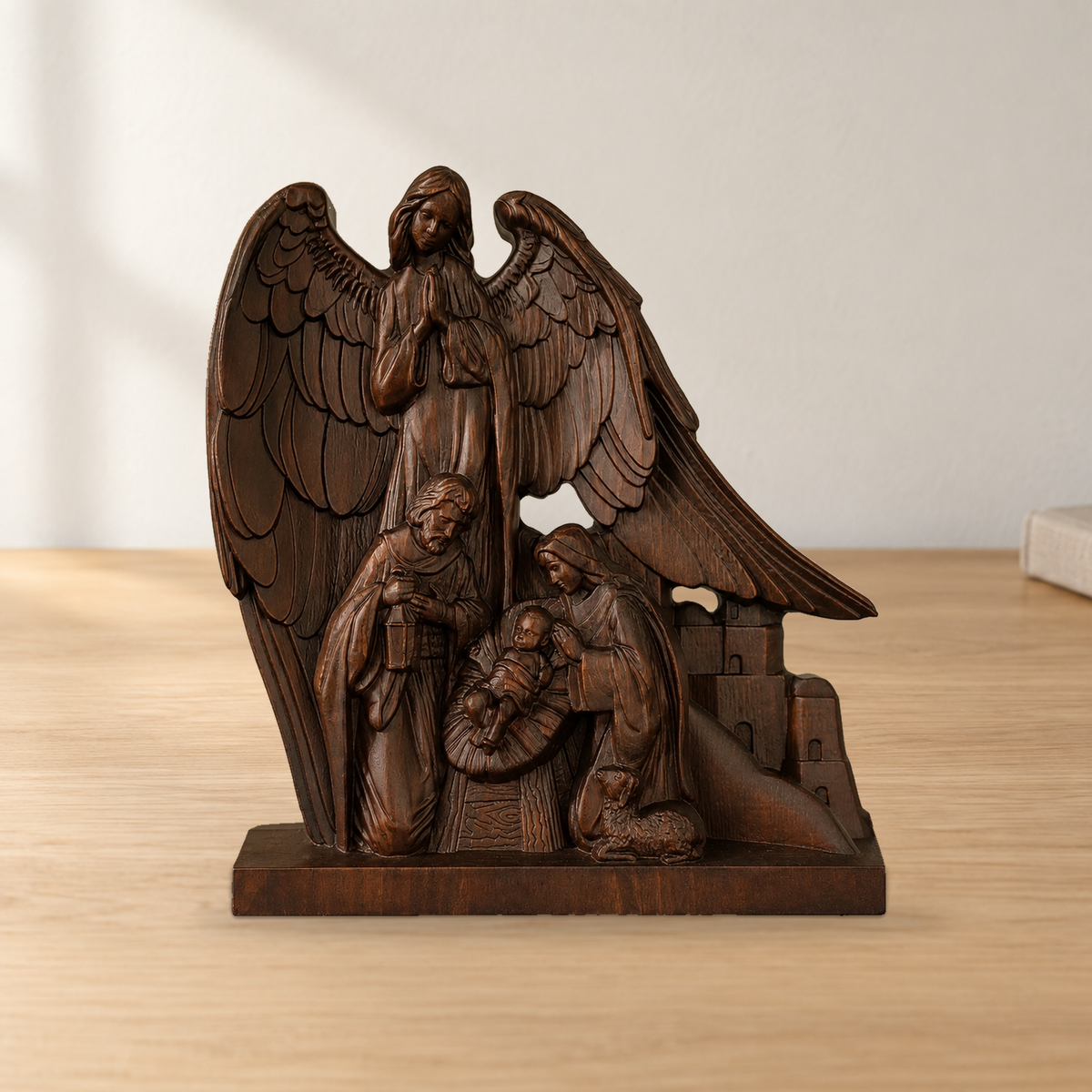 Hand-Carved Holy Family & Guardian Angel Solid Wood Statue: A Faith Artwork Anchoring Divine Blessings for Your Home