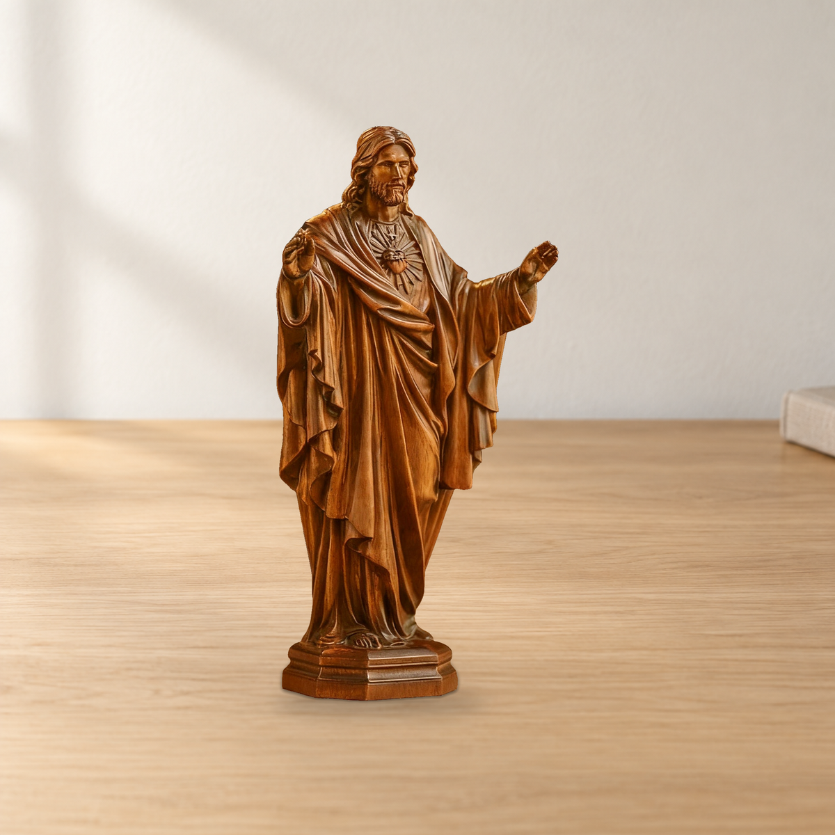 Hand Carved Sacred Heart of Jesus Virgin Mary Wooden Tabletop Ornament