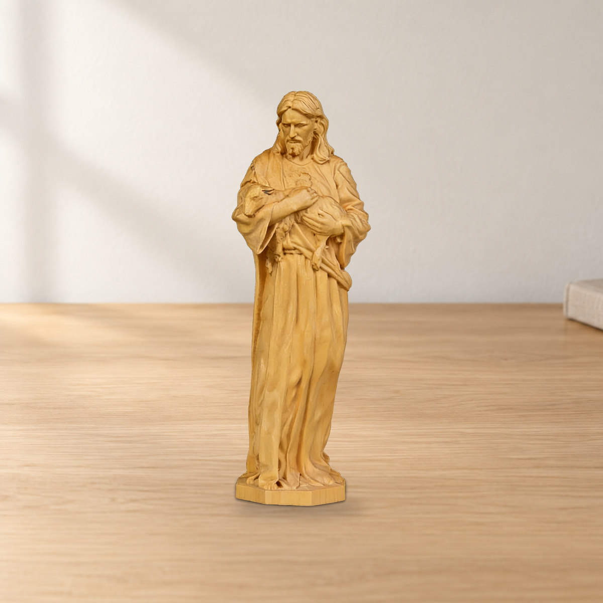 Jesus as the Good Shepherd Wooden Circular Sculpture: Desktop Decoration