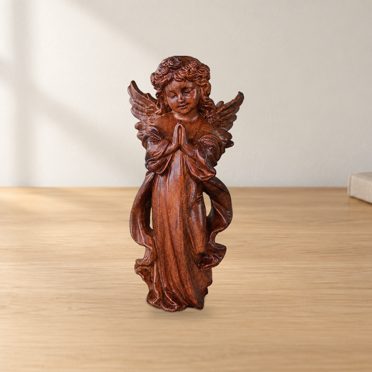 Hand-Carved Praying Angel Figurine – 6 Inch Solid Wood Statue for Christian Home Blessings