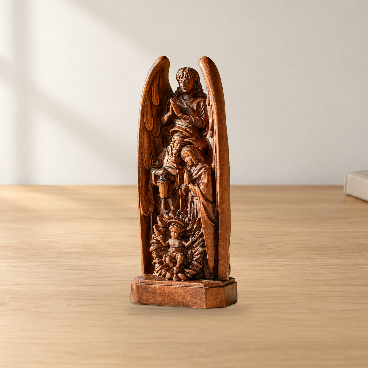 Hand-Carved Solid Beechwood Nativity Scene Sculpture – Holy Family Christian Decor