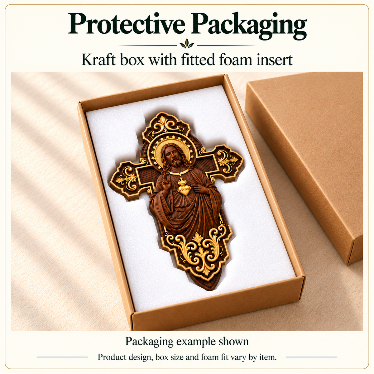 Protective packaging example: kraft box with fitted foam insert. Product design, box size and foam fit vary by item. No mounting hardware shown.