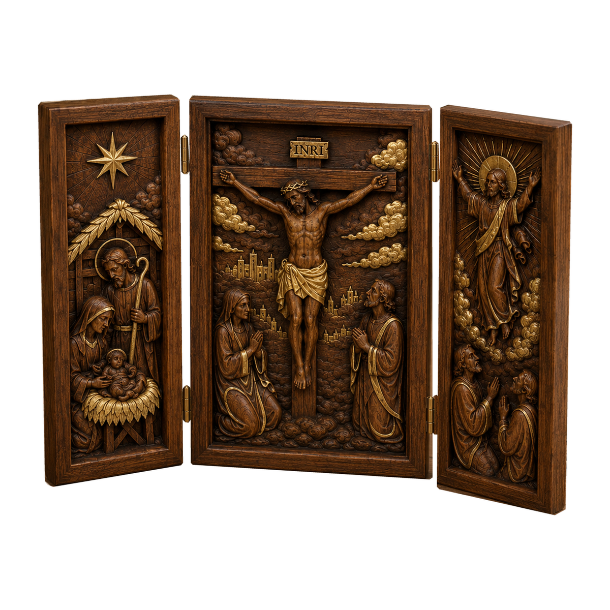 Hand-painted gold triptych — full open front view on white