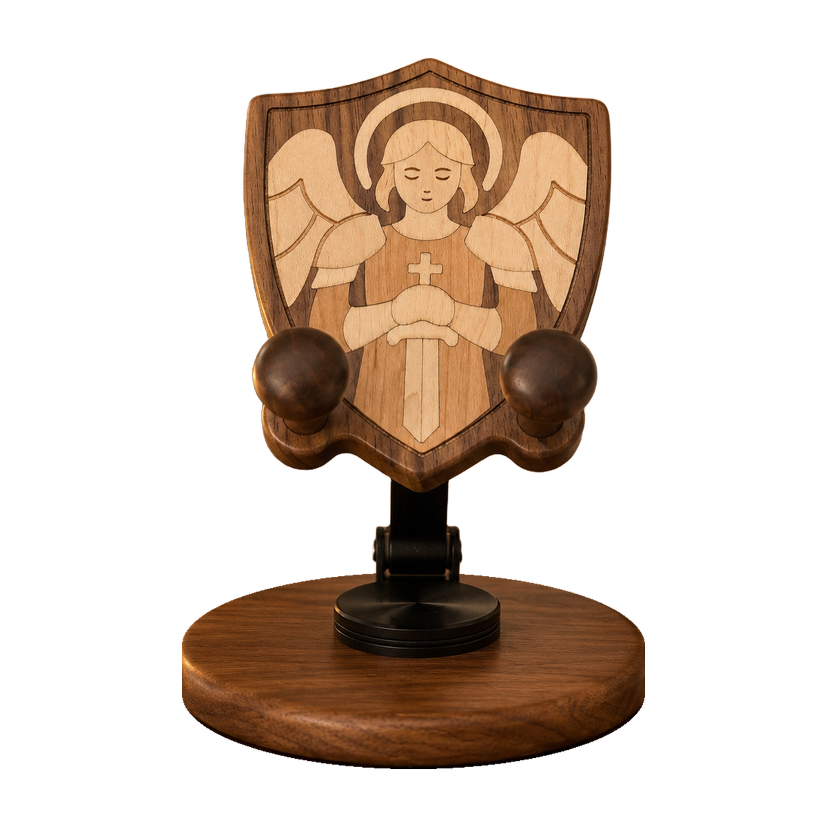 Black Walnut “Archangel Michael” Adjustable Phone Stand—A Faith-Inspired Wooden Desktop Stand