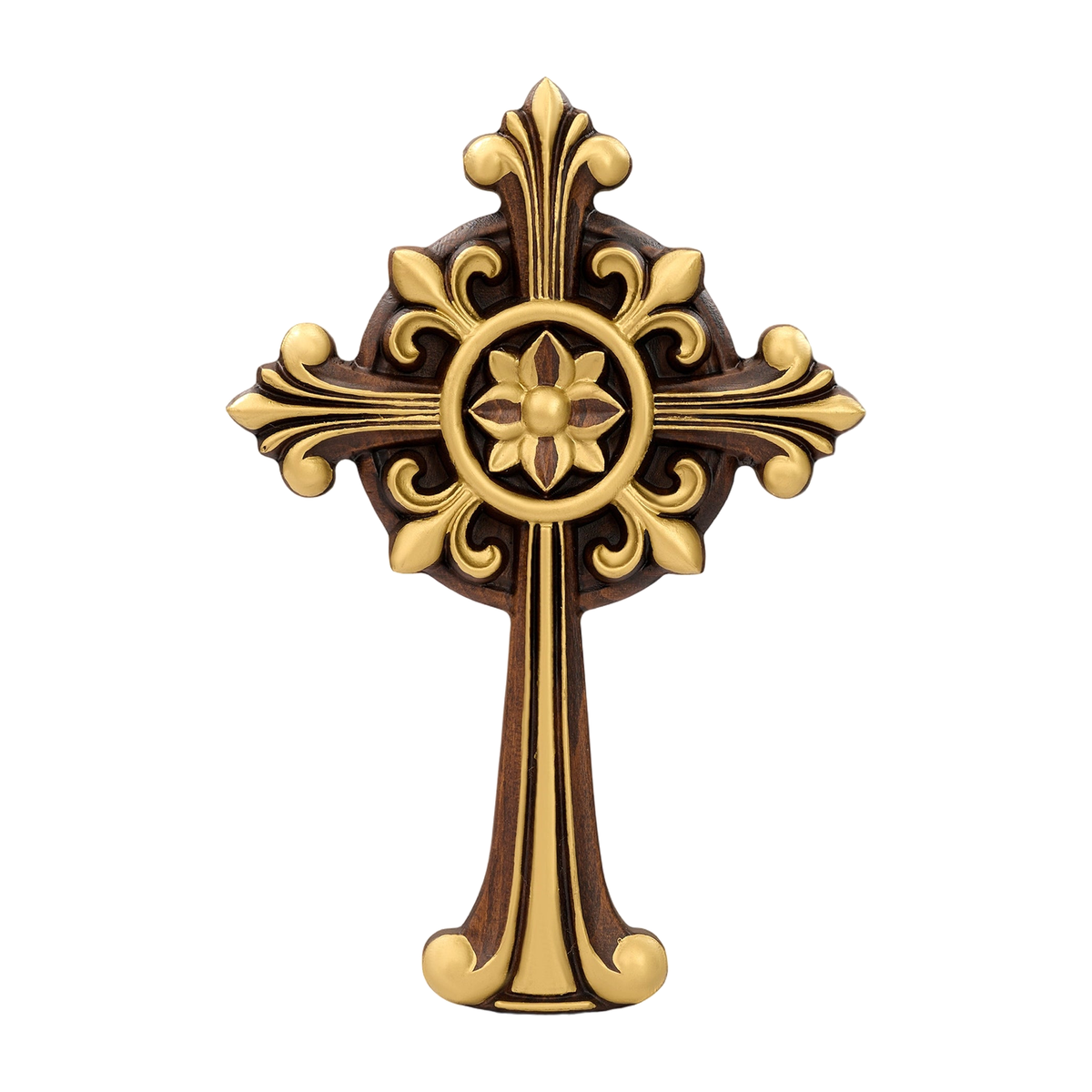Hand-Carved Beechwood Ornate Cross – Gold Accented Christian Wall Cross