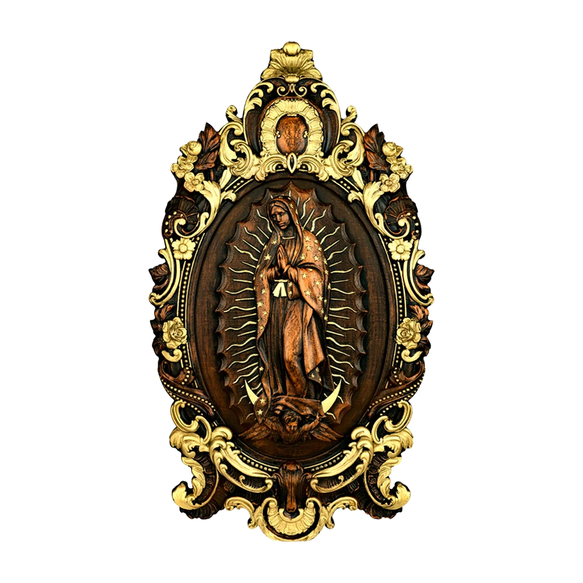 Religious gift with rich details of the wooden statue of Our Lady of Guadalupe