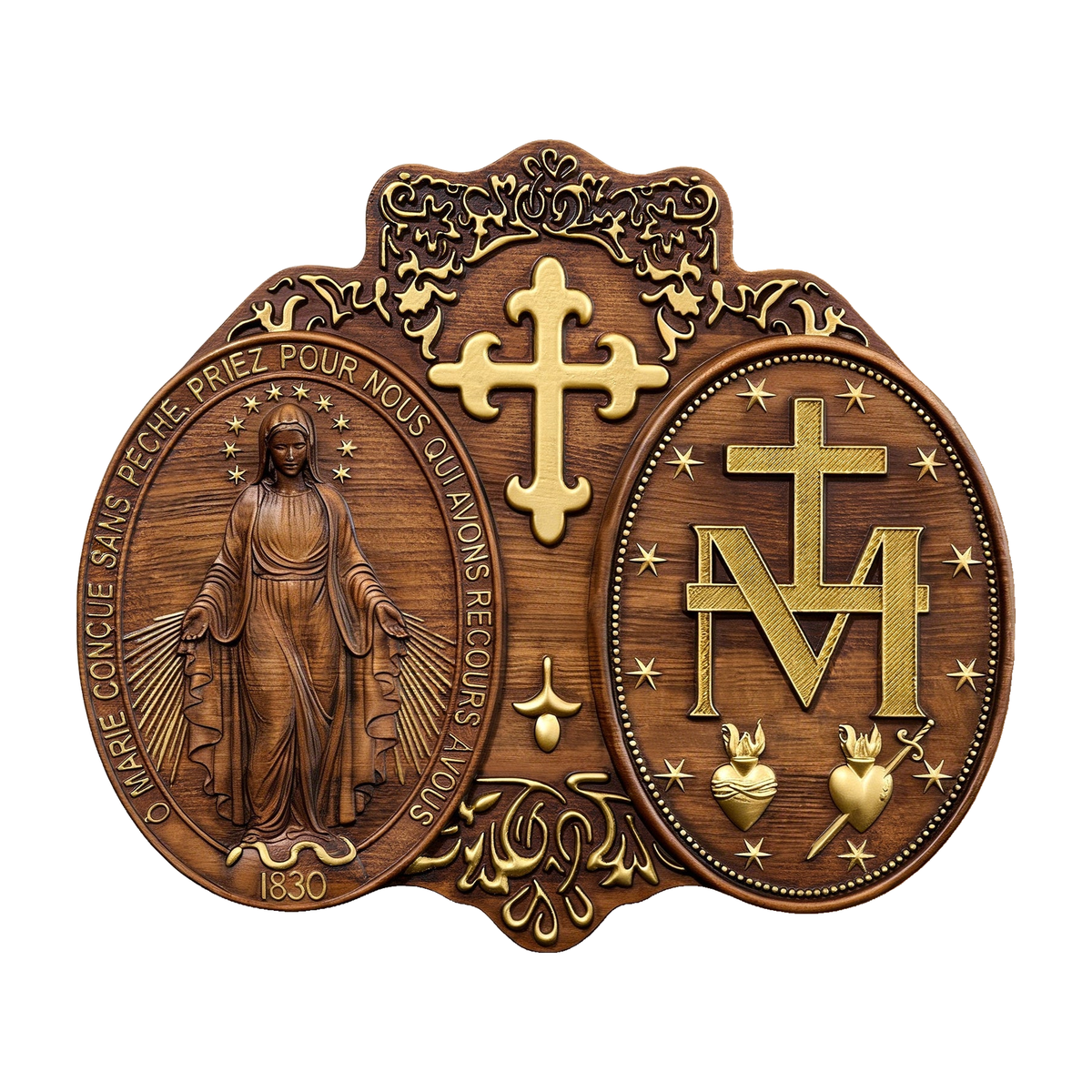 Miraculous Medal Wood Carving Decor - Medal of Our Lady of Graces